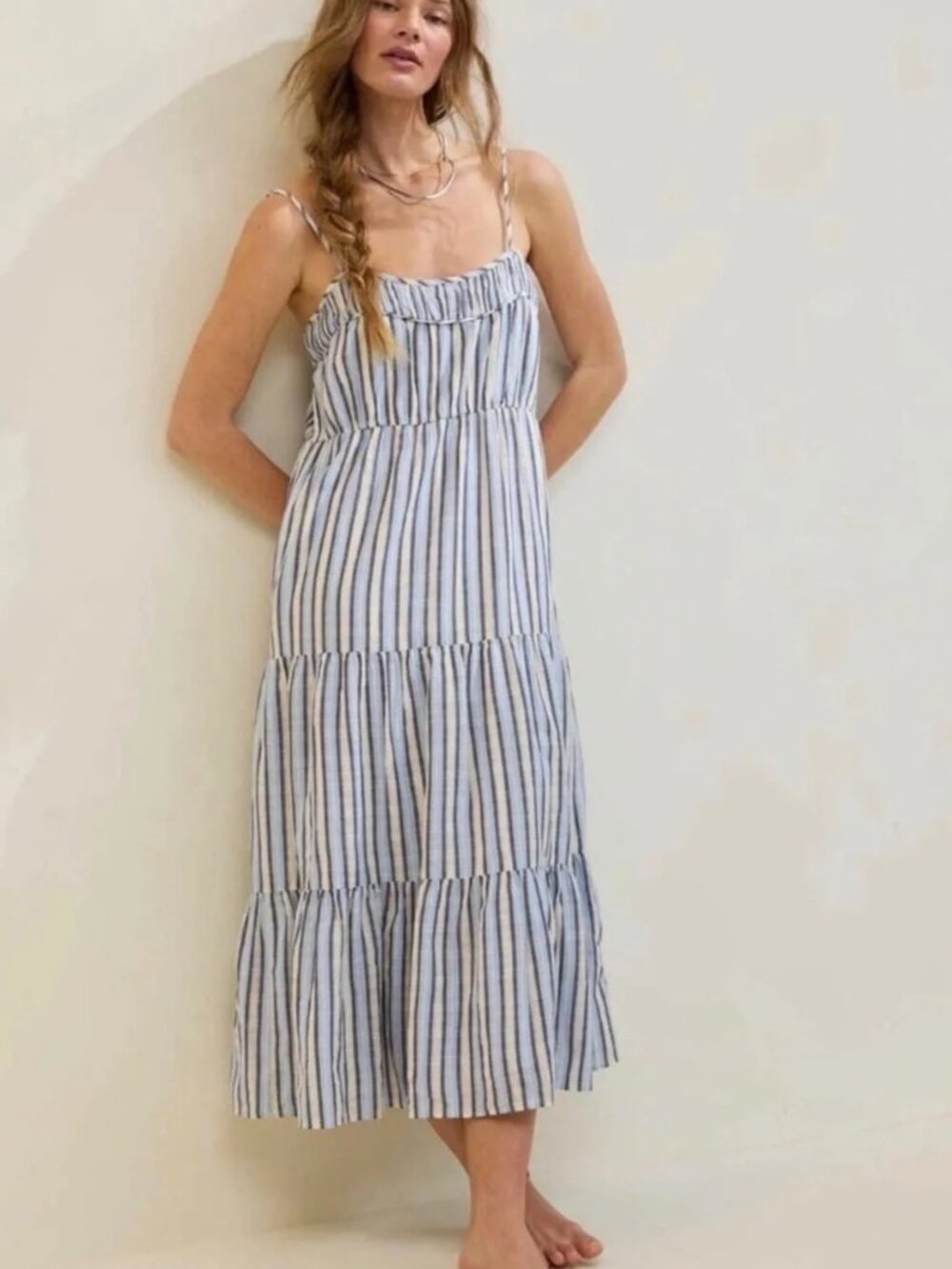 Aerie Tiered Pinstripe Midi Dress S